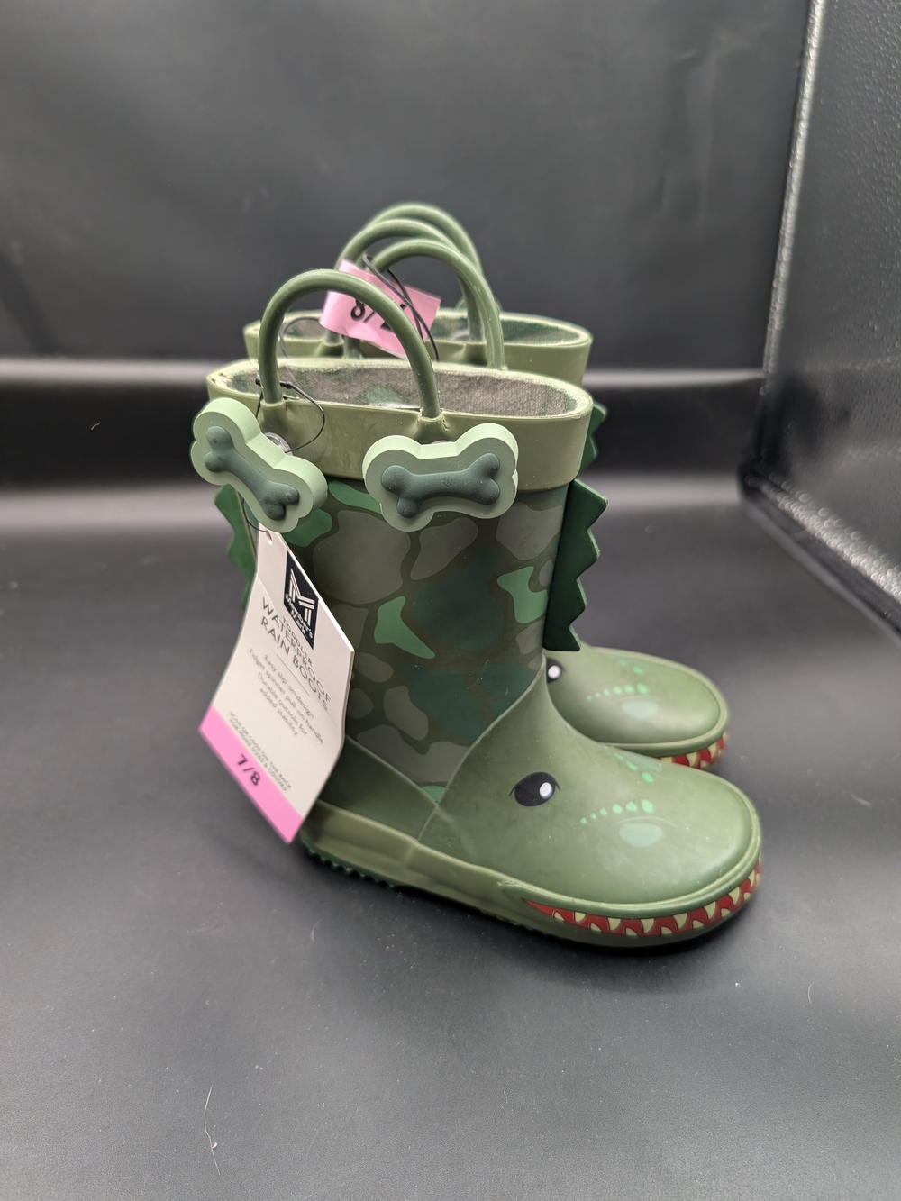 Kids Green Camo Dino Rain Boots with Handles